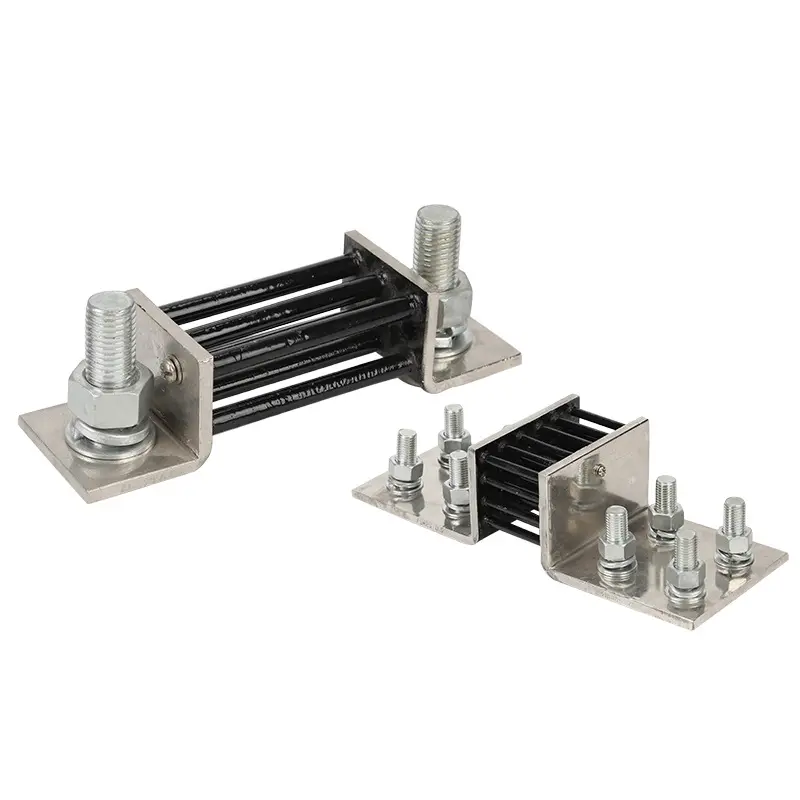 Two high-precision DC shunt resistors with black manganese copper strips and metal end terminals. Each shunt features sturdy bolt connections for secure wiring and durability in industrial or high-current applications.