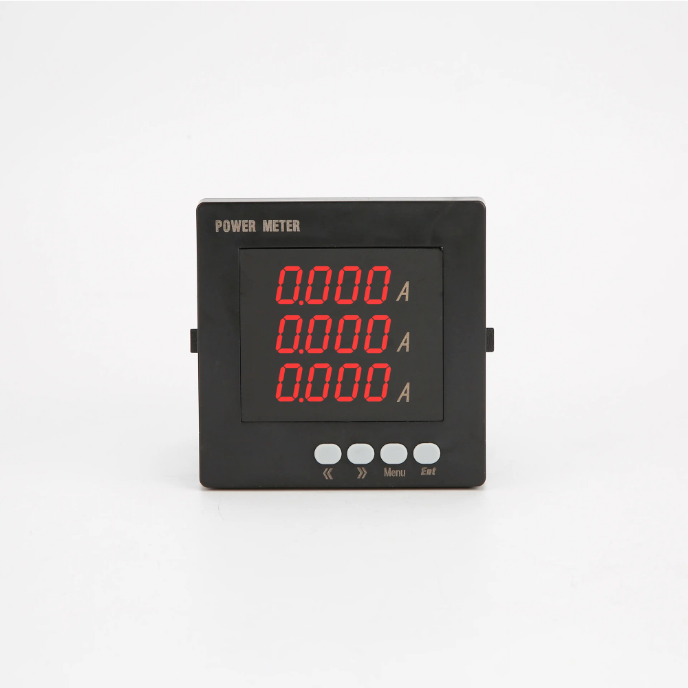 A digital LED ammeter with a black square casing, featuring three red LED displays that show current measurements in amperes (A). The device includes four control buttons for navigation and settings.