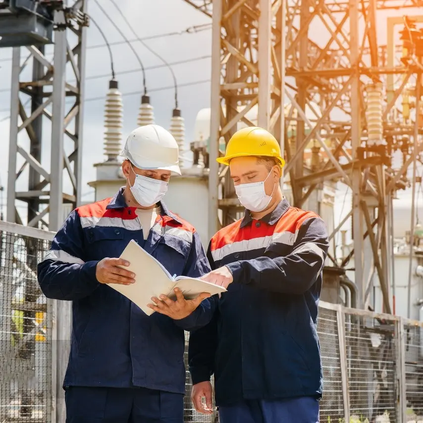 Two technicians wearing hard hats and protective masks are inspecting a document at an electrical substation with transformers and high-voltage equipment in the background.