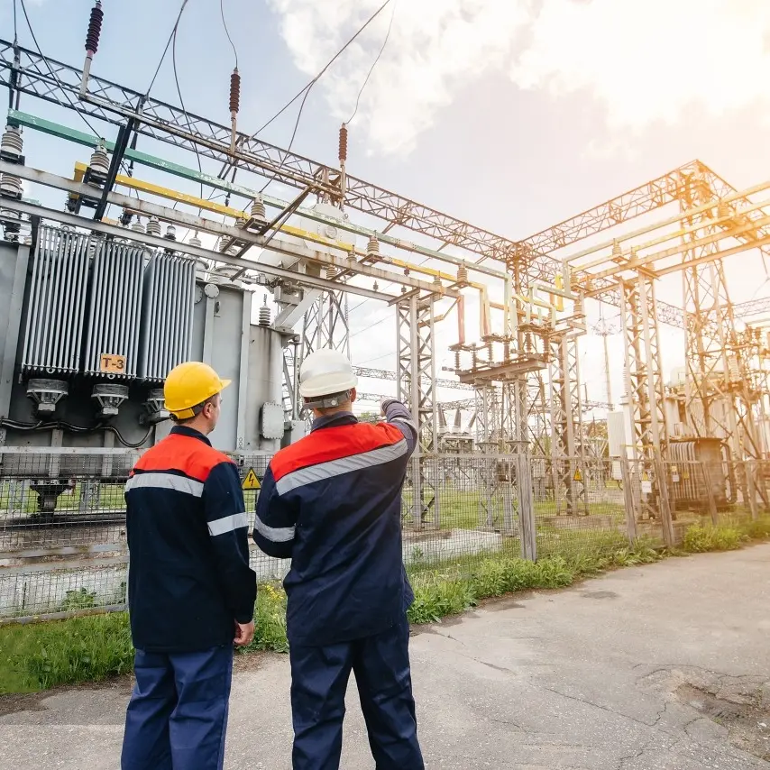 Two electrical engineers in hard hats and reflective vests are standing in front of a large power transformer at an electrical substation.