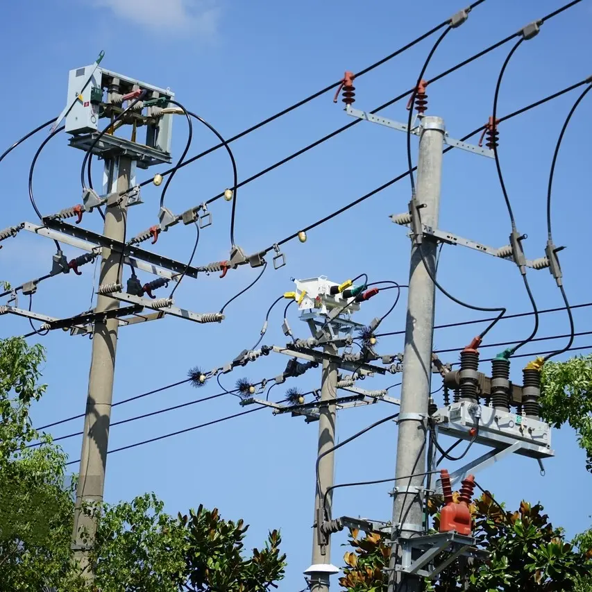 An image of electrical power transformers mounted on poles with multiple power lines and insulators against a clear blue sky.
