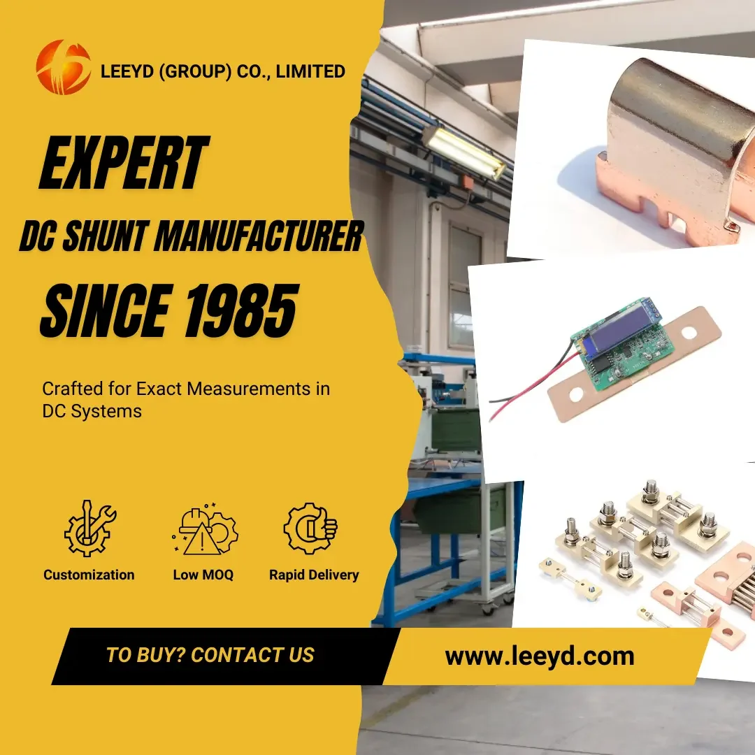 A promotional banner for LEYYD (Group) Co., Limited, highlighting their expertise as a DC shunt manufacturer since 1985. The banner includes images of DC shunt components and features like customization, low MOQ, and rapid delivery. The company's website, www.leeyd.com, is displayed for contact.