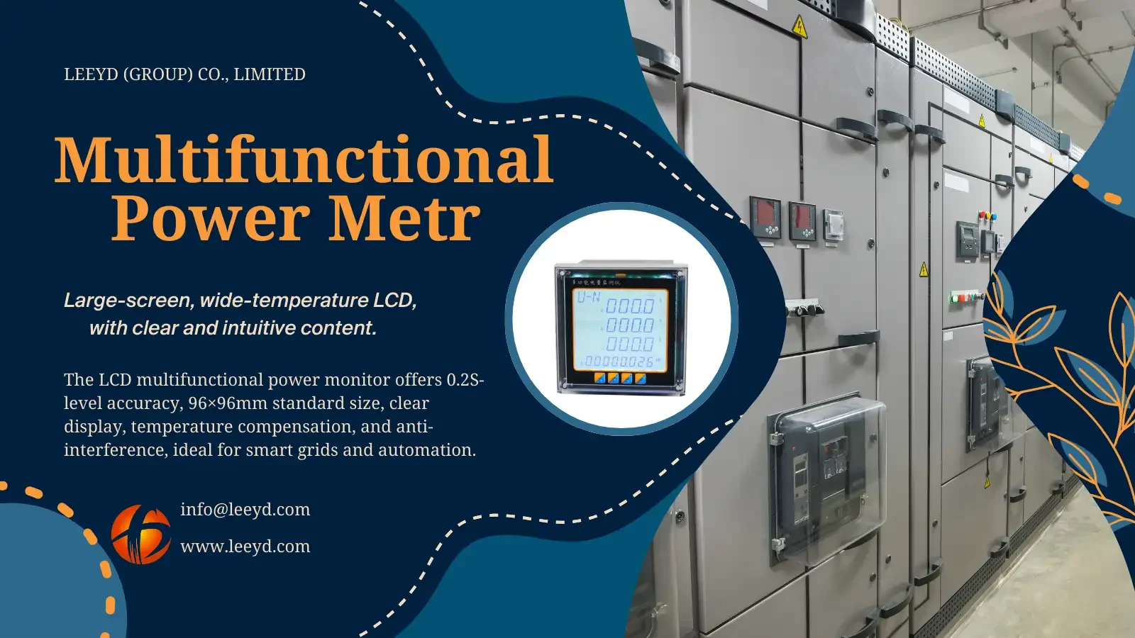 An advertisement for an LCD multifunctional power meter, featuring a large screen and wide-temperature display for accurate power monitoring. The image includes a digital power meter, a technical description, and a background of an industrial electrical panel system.