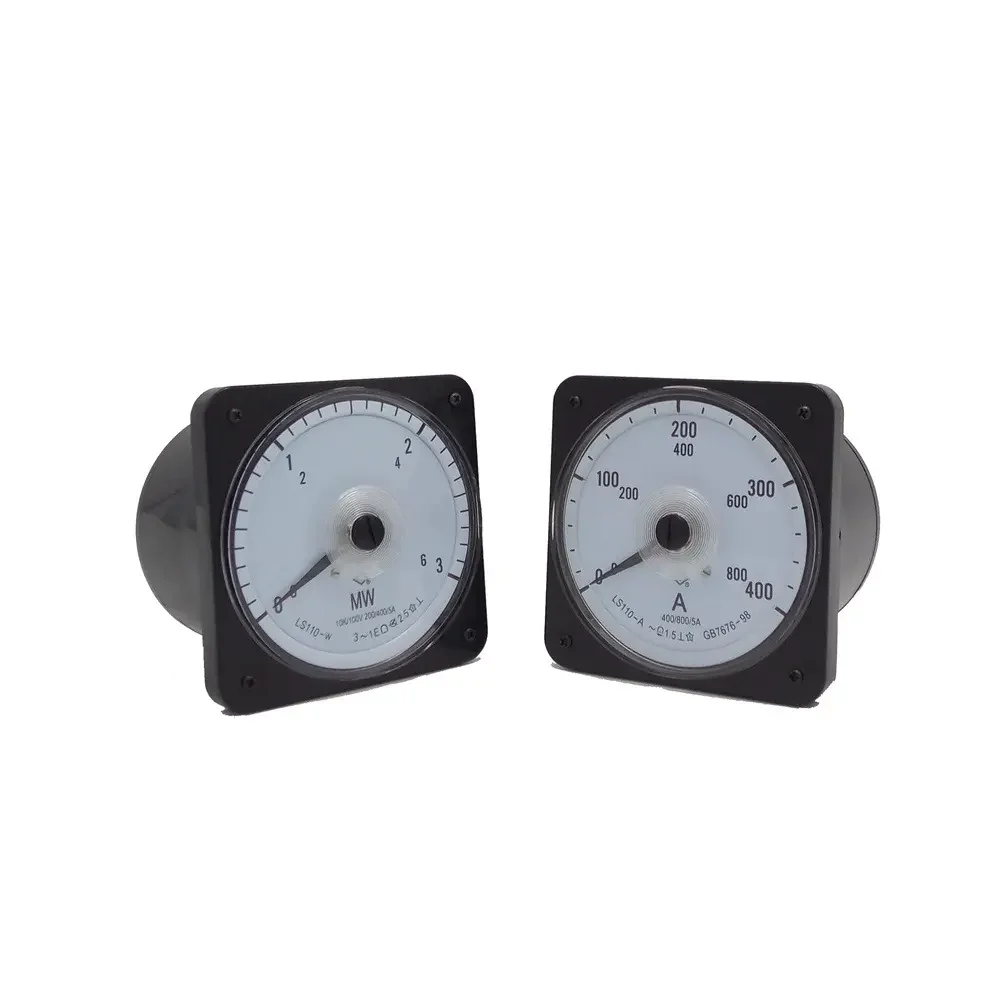 Two analog panel meters with black casings and white dials, designed for measuring electrical parameters. One meter displays power in megawatts (MW), while the other measures current in amperes (A). Both meters feature precise needle indicators and clear markings.