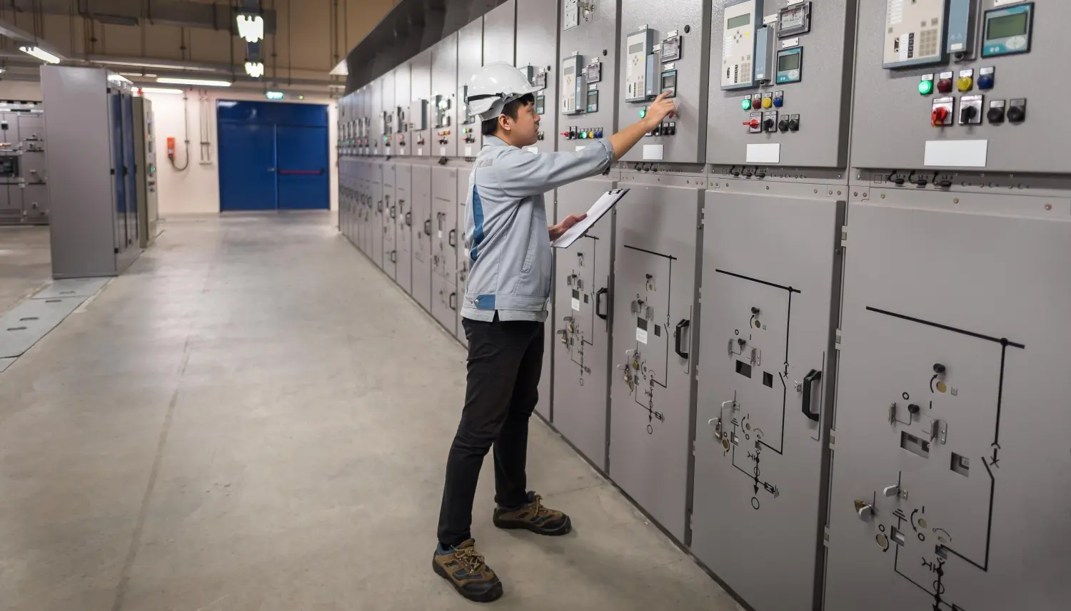 An electrical engineer wearing a safety helmet and uniform is inspecting and adjusting control panels in an industrial power distribution room. The panels are equipped with meters, switches, and circuit diagrams, ensuring the proper functioning of electrical systems.